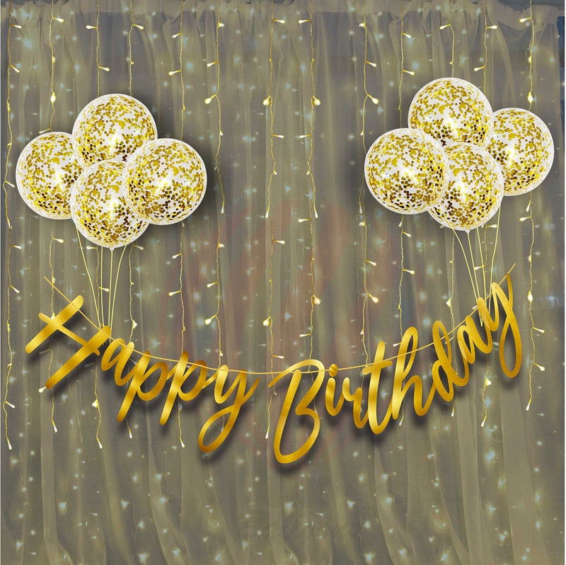 HK balloons Pack Of 10 Pcs Happy Birthday Cursive Banner Decoration Kit Set,Gold Confetti Card Stock Paper Balloons With Led Light Birthday Decoration Set For Golden Themed - Image 1