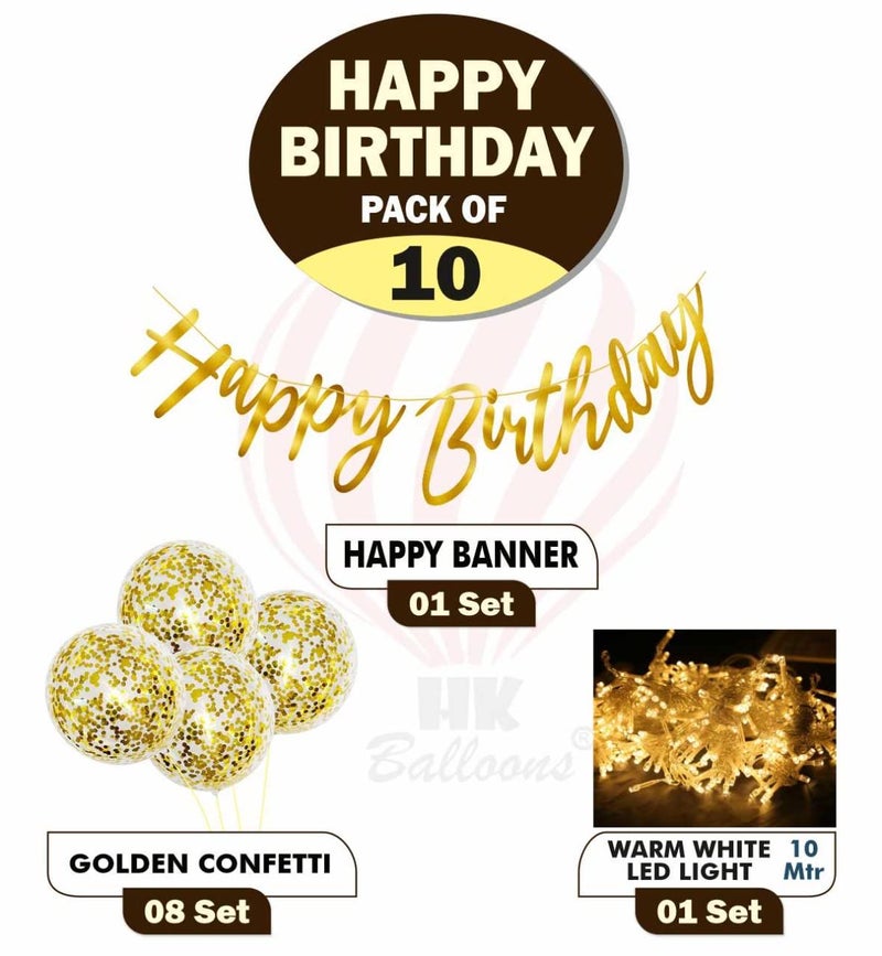 HK balloons Pack Of 10 Pcs Happy Birthday Cursive Banner Decoration Kit Set,Gold Confetti Card Stock Paper Balloons With Led Light Birthday Decoration Set For Golden Themed - Image 2