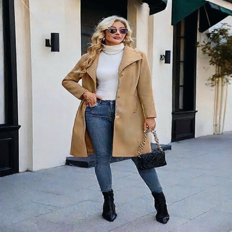 Women's Trench Coat Single Breasted Stand Collar Belted Long Coat - Image 2