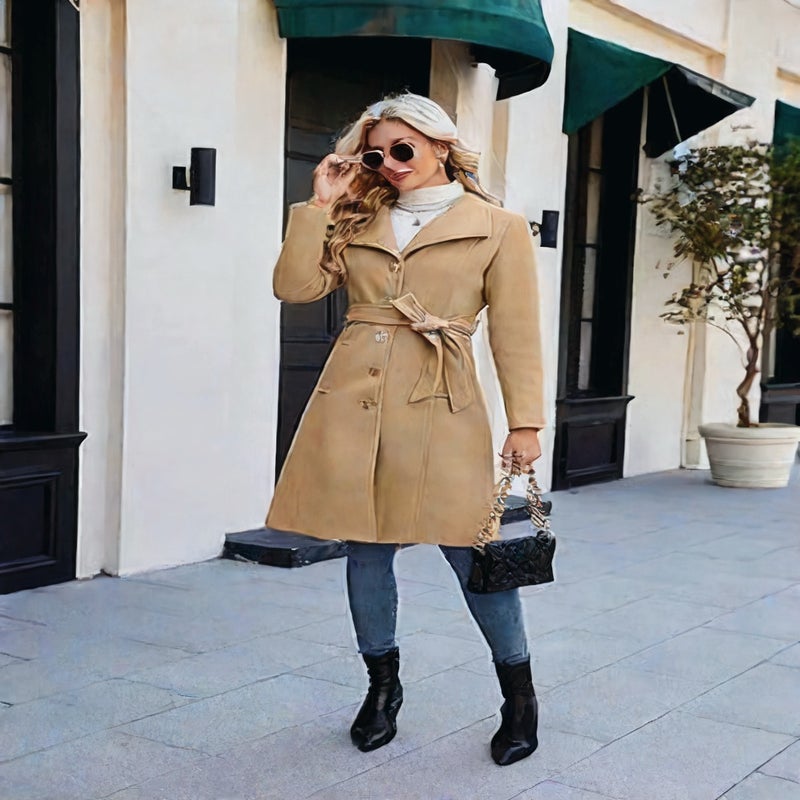 Women's Trench Coat Single Breasted Stand Collar Belted Long Coat - Image 1