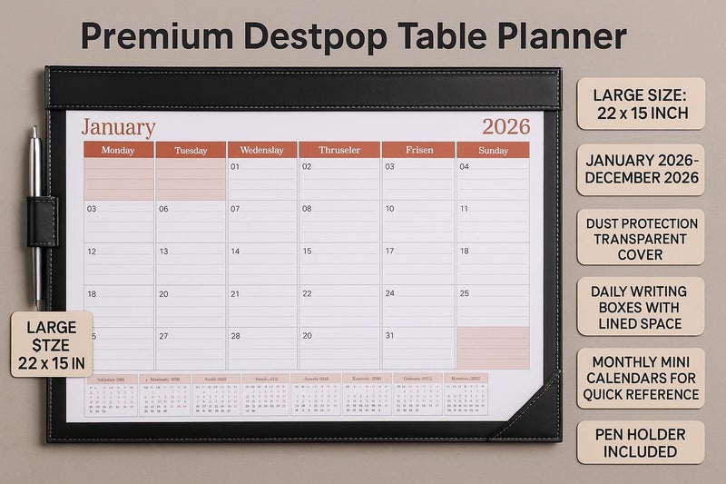 Sukeshcraft 15.3 × 22.2 Inch Large Desk Planner Calendar | 12-Month Desktop Planner (January 2026 – December 2026) | with Protective Sheet (Black) - Image 5