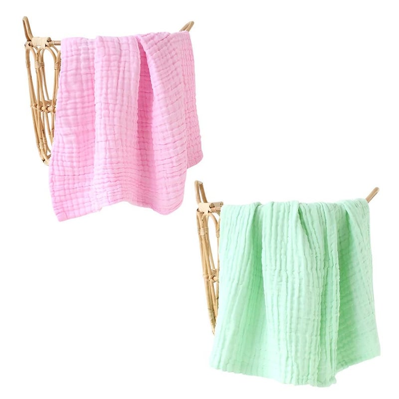 Just Goods Organic 100% Cotton Muslin Baby Bath Towel - Super Absorbent, Extra Soft, Eco-Friendly, Multi-Use for Newborns, Infants, Kids Boys & Girls | Combo Pack of 2, Pink + Green Towel - Image 1
