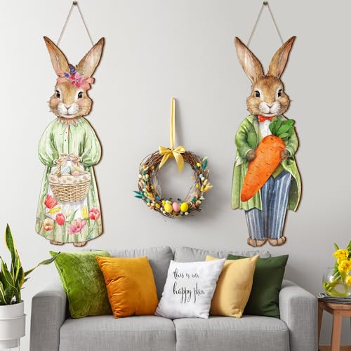 Anglechic 2 Pcs Large Easter Bunny Door Sign 9.84 x 28.35 Inch Easter Outdoor Decor Wooden Bunny Hanging Porch Sign Farmhouse Rabbit with Carrot Basket Egg for Front Door Home Wall Holiday Decorations - Image 4