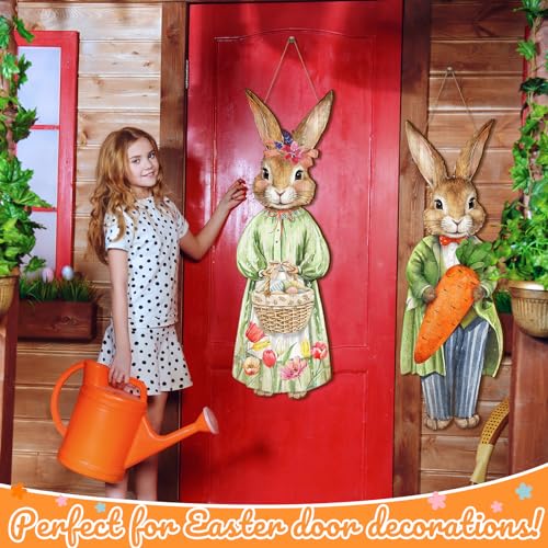 Anglechic 2 Pcs Large Easter Bunny Door Sign 9.84 x 28.35 Inch Easter Outdoor Decor Wooden Bunny Hanging Porch Sign Farmhouse Rabbit with Carrot Basket Egg for Front Door Home Wall Holiday Decorations - Image 5