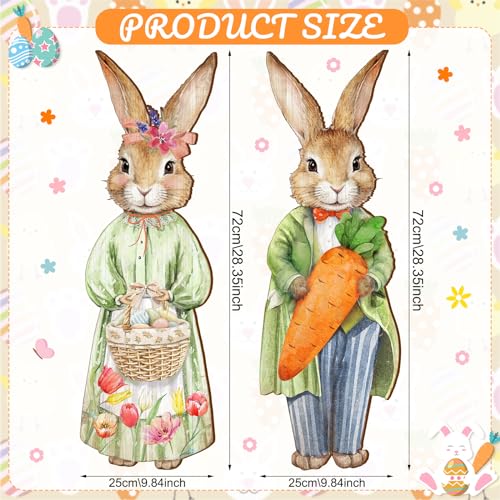Anglechic 2 Pcs Large Easter Bunny Door Sign 9.84 x 28.35 Inch Easter Outdoor Decor Wooden Bunny Hanging Porch Sign Farmhouse Rabbit with Carrot Basket Egg for Front Door Home Wall Holiday Decorations - Image 2