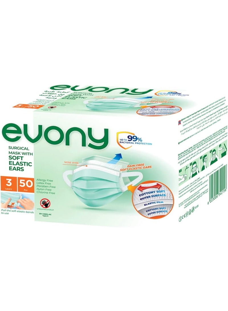 Evony Surgical Face Masks with Soft Elastic Ear Loops - Professional 3-Ply Protective Masks - High Breathability and Comfort Daily Shields - 50 Pieces - Image 1