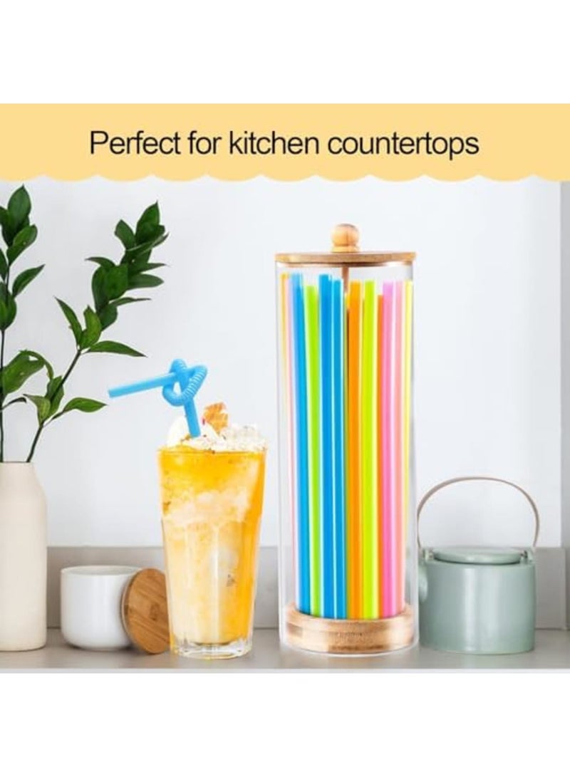 Luckam Acrylic Straw Dispenser with Bamboo Lid – Transparent Counter Container for Straws, Cutlery, and Office Supplies, Durable Storage Organizer for Kitchen, Office, and Cabinet Use (9.5-Inch) - Image 2