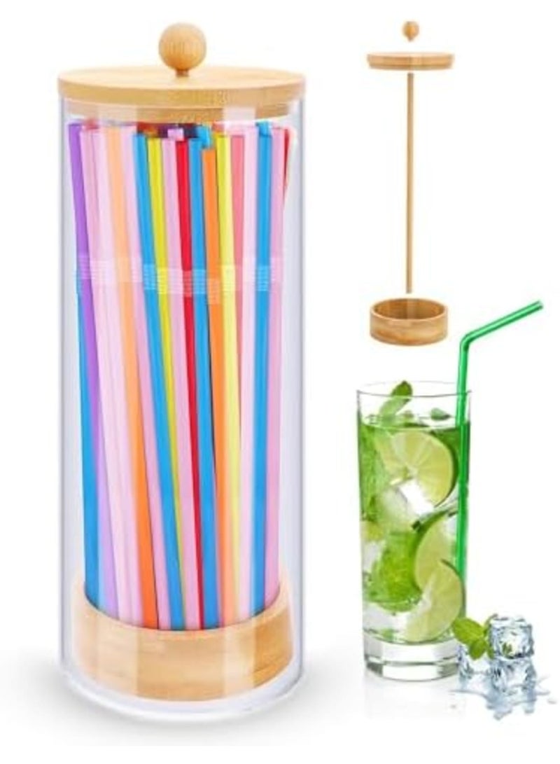 Luckam Acrylic Straw Dispenser with Bamboo Lid – Transparent Counter Container for Straws, Cutlery, and Office Supplies, Durable Storage Organizer for Kitchen, Office, and Cabinet Use (9.5-Inch) - Image 1