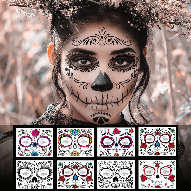 Day of the Dead Face Tattoos  8 Sheet Halloween Temporary Tattoos Face Sticker Kit Da de Los Muertos Glitter Red Roses Skeleton Sugar Skull Fake Tattoo for Halloween Makeup on Face Body