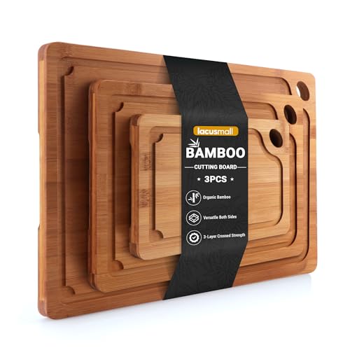 Lacusmall Bamboo Cutting Board for Kitchen, 3Pcs Thickened Wooden Cutting Board Set with Deep Juice Groove, Built-in Handles Durable Chopping Boards for Separating Meat, Vegetables, Fruits, Ideal Gift - Image 1