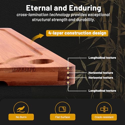 Lacusmall Bamboo Cutting Board for Kitchen, 3Pcs Thickened Wooden Cutting Board Set with Deep Juice Groove, Built-in Handles Durable Chopping Boards for Separating Meat, Vegetables, Fruits, Ideal Gift - Image 4