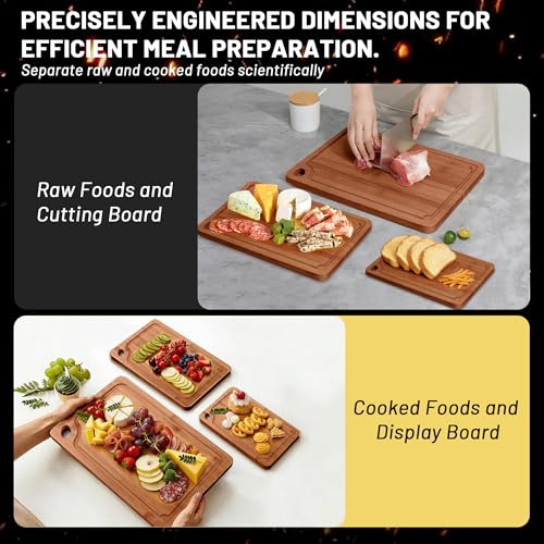 Lacusmall Bamboo Cutting Board for Kitchen, 3Pcs Thickened Wooden Cutting Board Set with Deep Juice Groove, Built-in Handles Durable Chopping Boards for Separating Meat, Vegetables, Fruits, Ideal Gift - Image 5