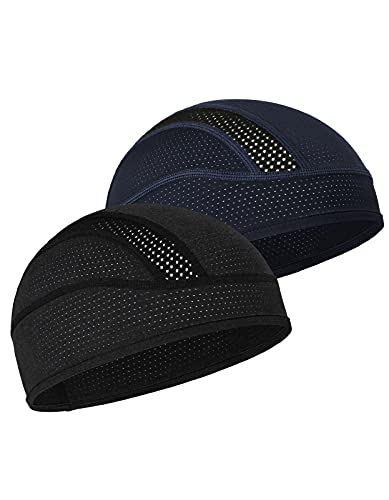 MELASA Skull Cap Helmet Liner Beanie, Cooling Mesh Cycling Running Hat for Men Women, Fits Under Helmets (Black & Dark Blue) - Image 1