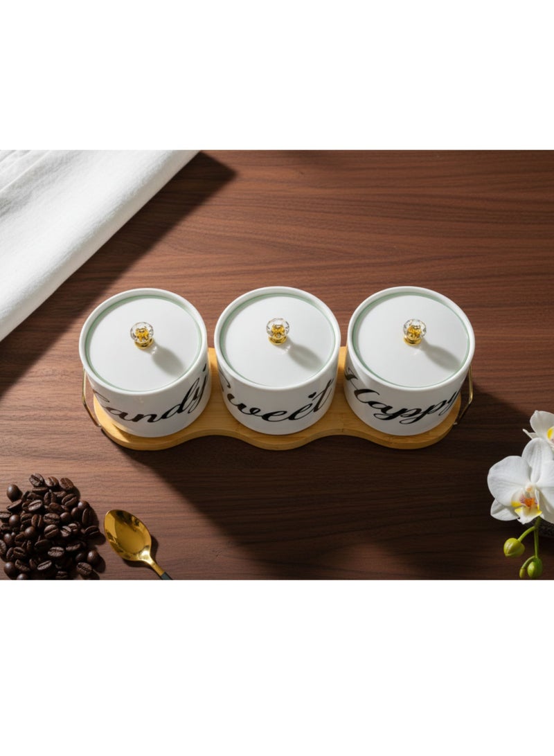 CASA HOME CasaHome Porcelain Canister Set of 3 with Bamboo Tray – White Calligraphy Jars, Clear Faceted Knobs & Gold Accents – Countertop Storage for Coffee, Tea, Sugar - Image 4