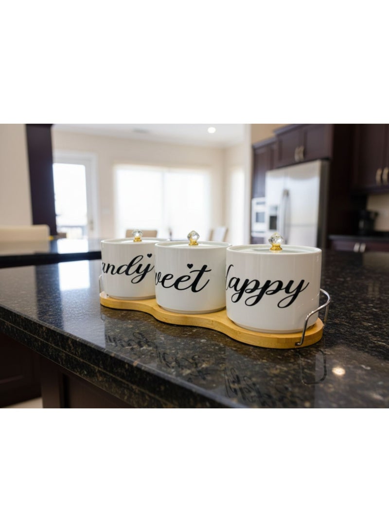 CASA HOME CasaHome Porcelain Canister Set of 3 with Bamboo Tray – White Calligraphy Jars, Clear Faceted Knobs & Gold Accents – Countertop Storage for Coffee, Tea, Sugar - Image 3