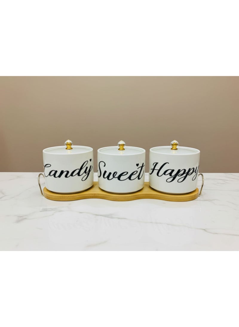 CASA HOME CasaHome Porcelain Canister Set of 3 with Bamboo Tray – White Calligraphy Jars, Clear Faceted Knobs & Gold Accents – Countertop Storage for Coffee, Tea, Sugar - Image 1
