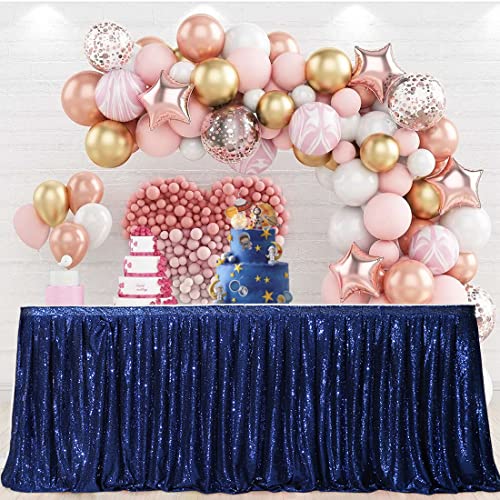 PartyDelight 14ft Navy Blue Sequin Table Skirt for Round/Rectangle/Square Table for Birthday Party Wedding Christmas. - Image 1