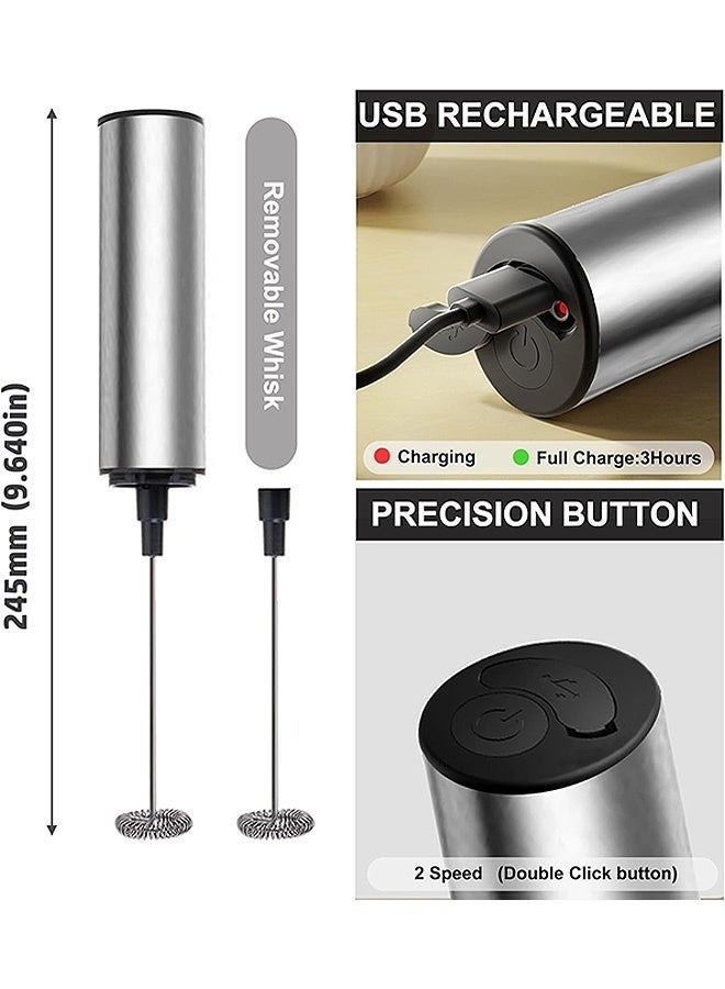 كِينْسُون الخلاط الكهربائي للحليب، الخلاط الصغير القابل لإعادة الشحن مع رؤوس الخلط المزدوجة، إضافة إلى القهوة والشوكولاتة الساخنة والشاي وأدوات المطبخ المنزلية اليدوية المصنوعة من الرغوة السهلة وما إلى ذلك (الفضة) - Image 2