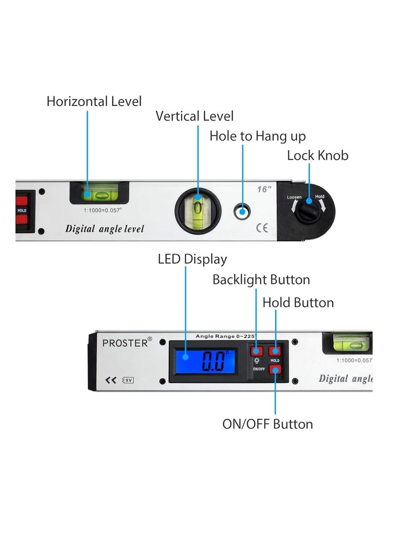 Zikra Angle Finder, Aluminum Digital Angle Finder, Protractor 225¬∞ 16 inch Backlit LCD Digital, with Horizontal and Vertical Bubble, Internal & External Angle Measurement Tool, Woodwork Angle Detector - Image 2
