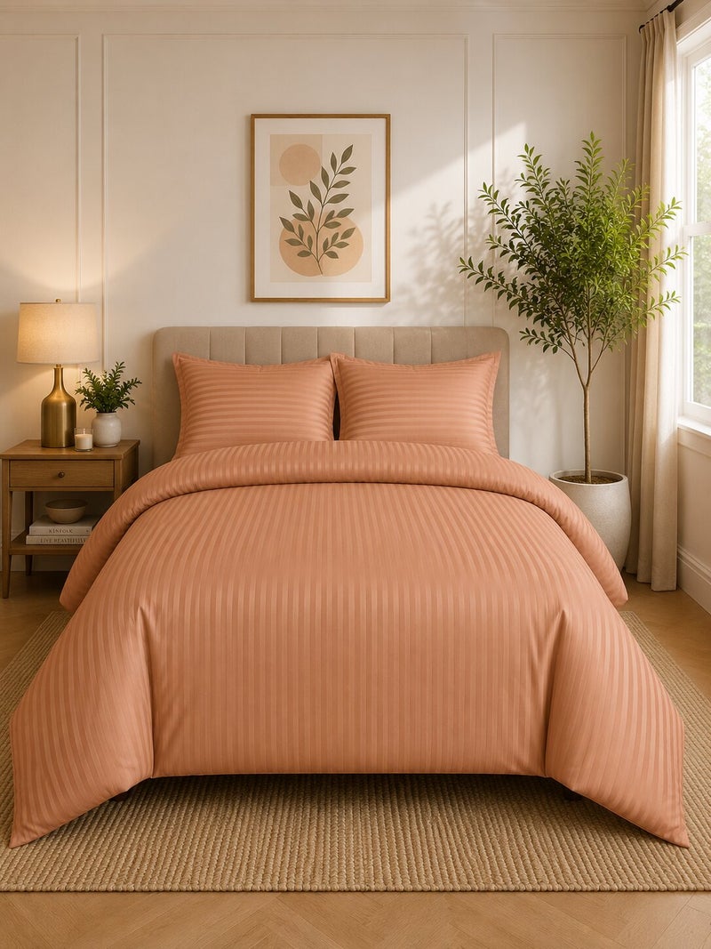Aristocrat 4-Piece Stripe Microfiber Duvet Cover Set | Queen | Includes 1 Duvet Cover (220x240cm), 1 Deep Pocket Fitted Sheet (180x200+30cm) & 2 Pillowcases (53x75+15cm) | Ultra Soft, Breathable & Wrinkle Resistant | peach - Image 1