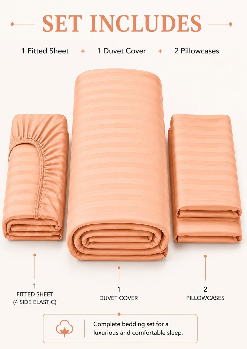 Aristocrat 4-Piece Stripe Microfiber Duvet Cover Set | Queen | Includes 1 Duvet Cover (220x240cm), 1 Deep Pocket Fitted Sheet (180x200+30cm) & 2 Pillowcases (53x75+15cm) | Ultra Soft, Breathable & Wrinkle Resistant | peach - Image 2