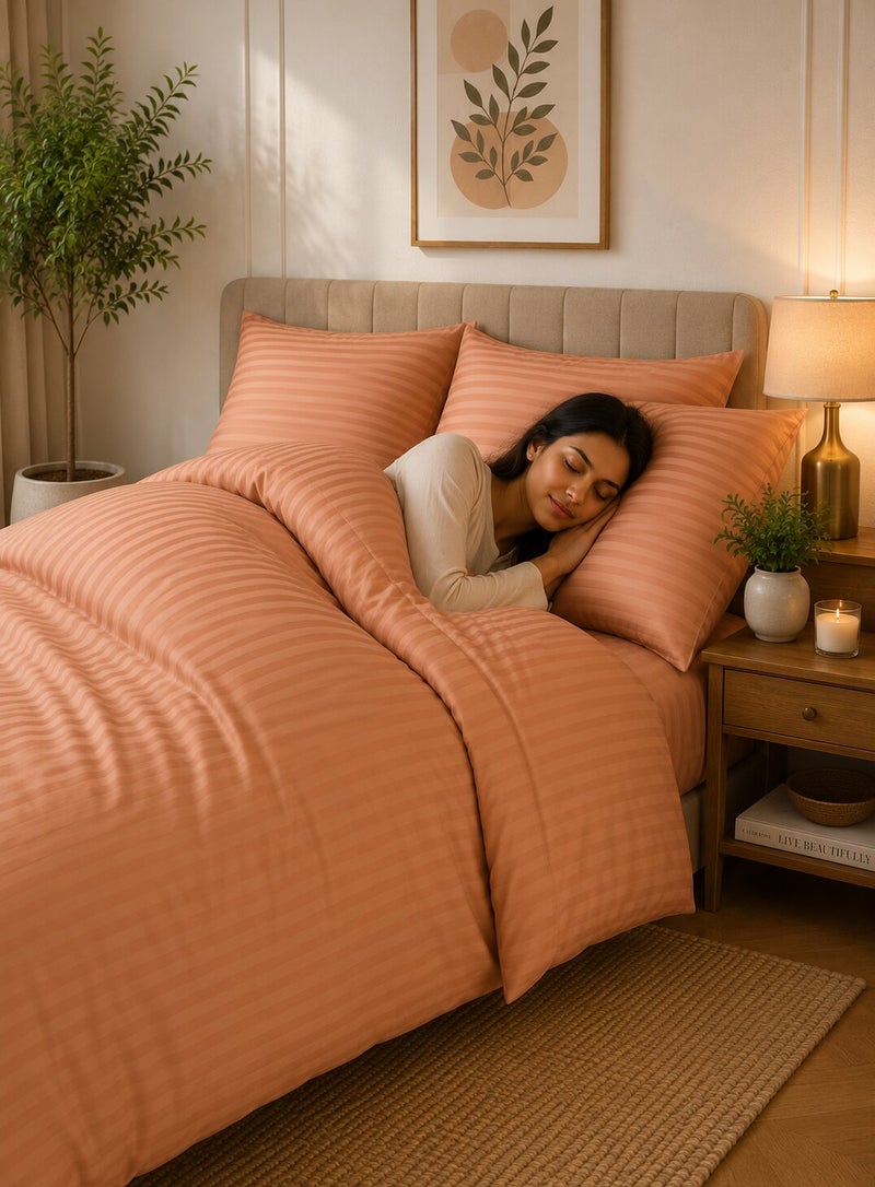 Aristocrat 4-Piece Stripe Microfiber Duvet Cover Set | Queen | Includes 1 Duvet Cover (220x240cm), 1 Deep Pocket Fitted Sheet (180x200+30cm) & 2 Pillowcases (53x75+15cm) | Ultra Soft, Breathable & Wrinkle Resistant | peach - Image 4