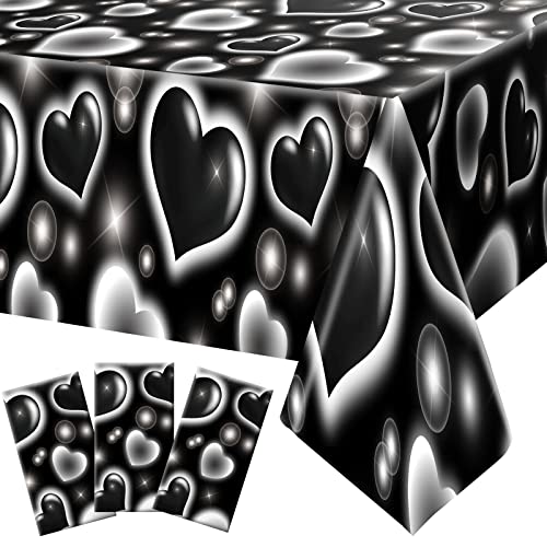 Tudomro 3 Pack 2000s Tablecloth Decoration Cholo Party Table Cover Y2k Party Decoration Heart Plastic Disposable Table Decor for Birthday Christmas Valentines Supplies, 54 x 108 Inches(Black) - Image 1