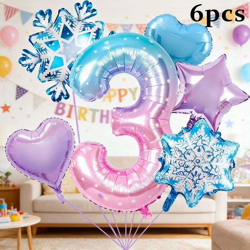 6pcs Number Balloon Set Style 5 Foil Birthday Decorations Snowflake Star Patterns - Image 1