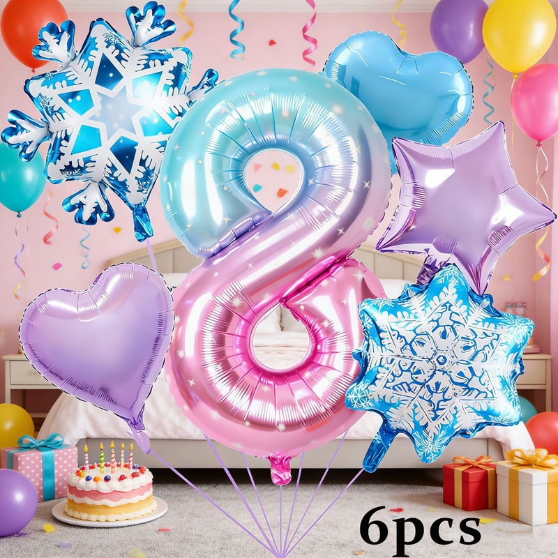 6pcs Number Balloon Set Style 5 Foil Birthday Decorations Snowflake Star Patterns - Image 5