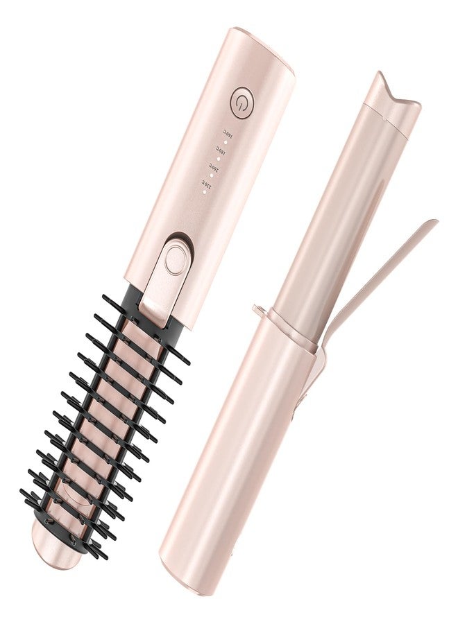 Youbella Cordless Hair Curling Iron Brush, Portable Travel Hair Curler, Mini 1.5″ Heated Round Brush, 3-in-1 USB Rechargeable Straightening Wand for Styling & Smoothing, 200 Million Ionic Care, Pink - Image 1