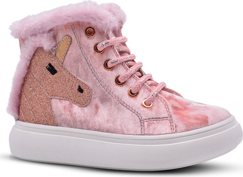 Kids A More Heira Unicorn Patterned Plush Furry Baby Girl Boots Pink - Image 1