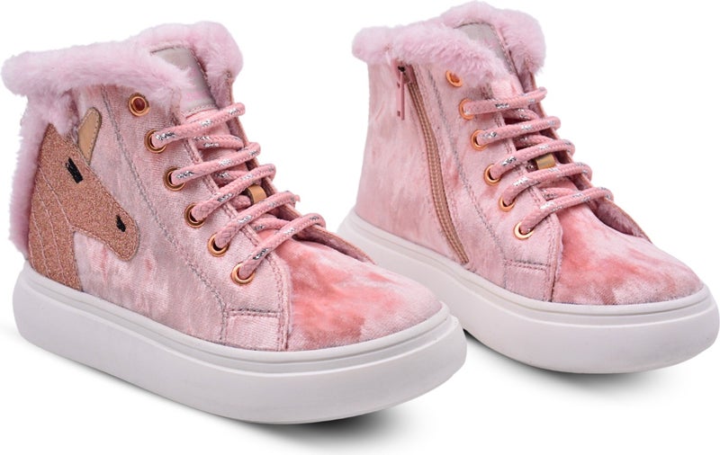 Kids A More Heira Unicorn Patterned Plush Furry Baby Girl Boots Pink - Image 5
