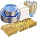 Rubtlamp 350 Pcs Clear Blue Plastic Plates Blue Gold Plastic Dinnerware Set 50 Guests Blue Disposable Plates With Gold Rim Hammered Party Plates Set for Wedding And Party - Image 1