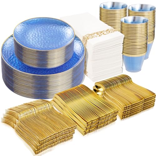Rubtlamp 350 Pcs Clear Blue Plastic Plates Blue Gold Plastic Dinnerware Set 50 Guests Blue Disposable Plates With Gold Rim Hammered Party Plates Set for Wedding And Party - Image 2