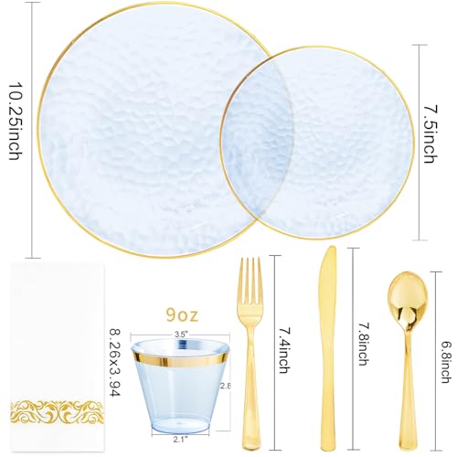 Rubtlamp 350 Pcs Clear Blue Plastic Plates Blue Gold Plastic Dinnerware Set 50 Guests Blue Disposable Plates With Gold Rim Hammered Party Plates Set for Wedding And Party - Image 5