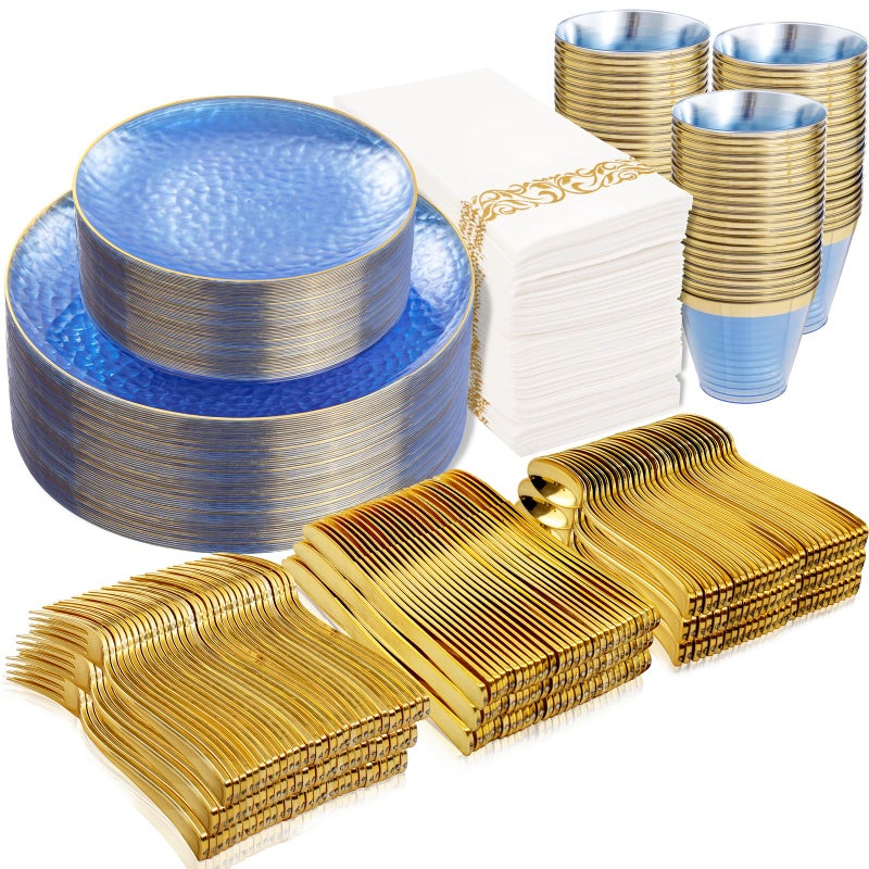 Rubtlamp 350 Pcs Clear Blue Plastic Plates Blue Gold Plastic Dinnerware Set 50 Guests Blue Disposable Plates With Gold Rim Hammered Party Plates Set for Wedding And Party - Image 3
