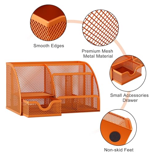 EasyPAG Mesh Desk Organizer with Drawer Multi-Functional Pen Holder Stationery Organizer for Office School Supplies 6 Compartments Dorm Organizers and Storage for Desk, Orange - Image 3