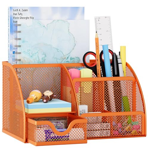 EasyPAG Mesh Desk Organizer with Drawer Multi-Functional Pen Holder Stationery Organizer for Office School Supplies 6 Compartments Dorm Organizers and Storage for Desk, Orange - Image 1