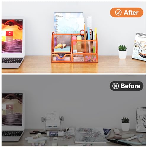 EasyPAG Mesh Desk Organizer with Drawer Multi-Functional Pen Holder Stationery Organizer for Office School Supplies 6 Compartments Dorm Organizers and Storage for Desk, Orange - Image 4