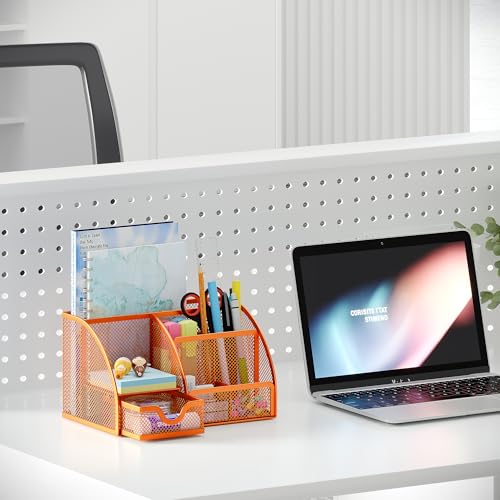 EasyPAG Mesh Desk Organizer with Drawer Multi-Functional Pen Holder Stationery Organizer for Office School Supplies 6 Compartments Dorm Organizers and Storage for Desk, Orange - Image 5