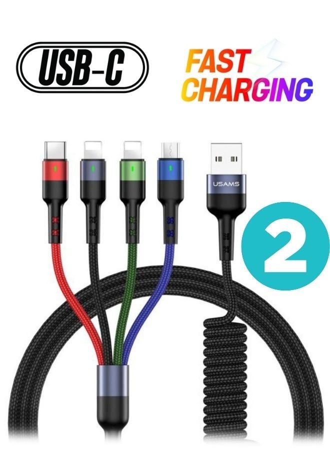 Usams 2Pack 4-in-1 USB Multi Charging Cable Nylon Braided 1.2-meter USB Connector for iPhone /Type C/Micro - Image 1