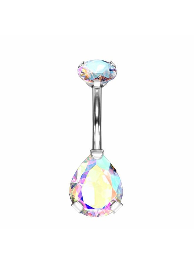 Pierced Owl 14G G23 Implant Grade Titanium Internally Threaded Top Prong Set Double CZ Pear Navel Belly Button Ring - Image 1