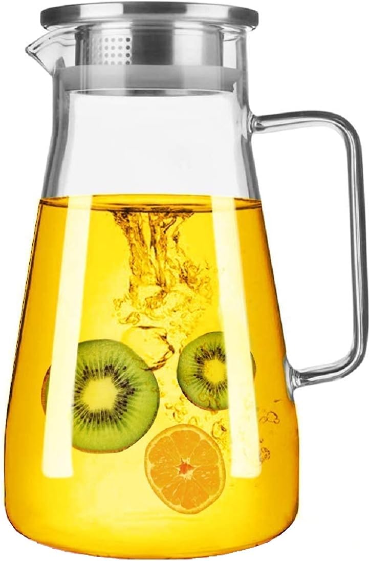 VILON Clear Glass Classical Octagonal Water Jug Glass Iced Tea Pitcher with Stainless Steel Strainer Lid, Juice Beverage Carafe - Image 1
