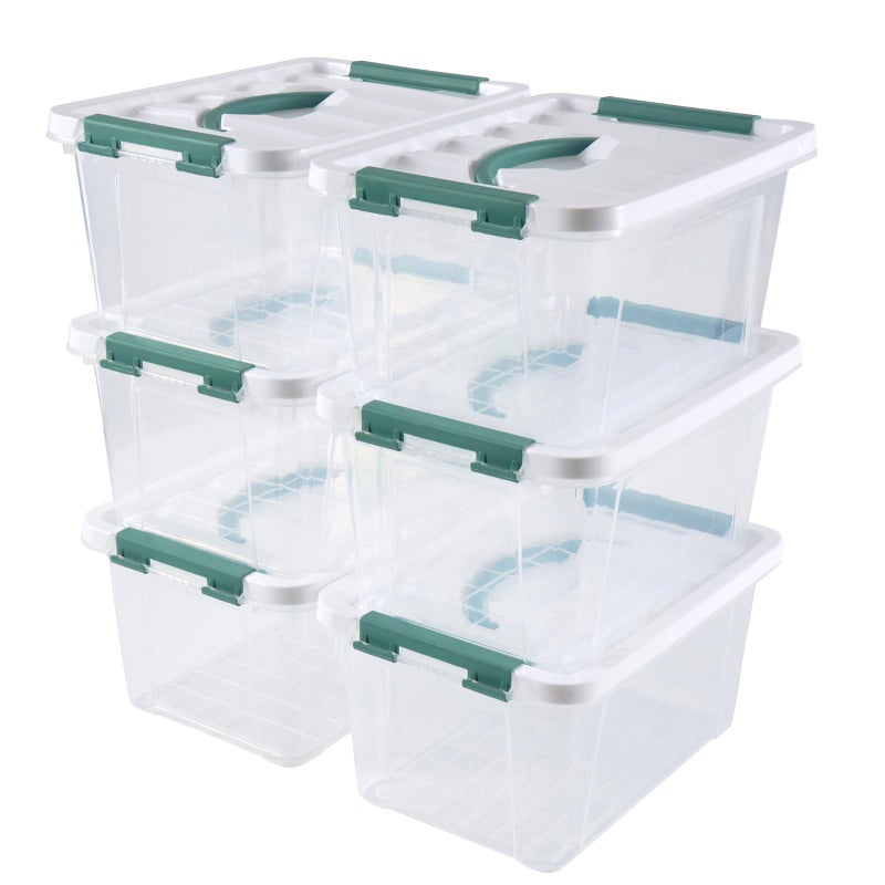 Eslite 6 Quart Plastic Stackable Storage Latch BinsClear Latching Box with Handle and LidPack of 6 Green Handle