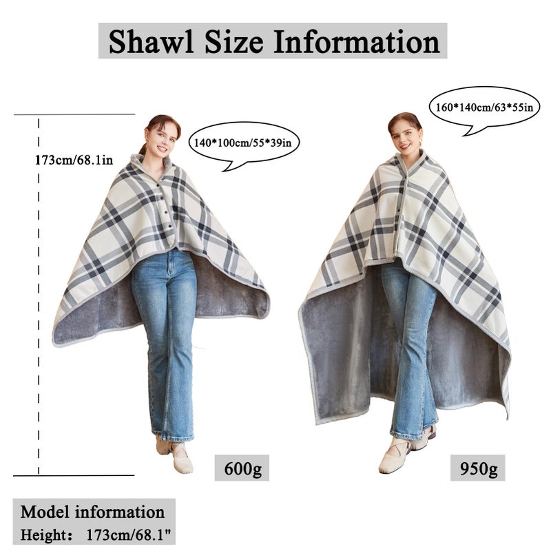 forestfish Fleece Wearable Blanket, Plaid Lap Blanket Comfy Poncho Throw with Buttons for Bed Sofa Office, Grey-White - Image 2