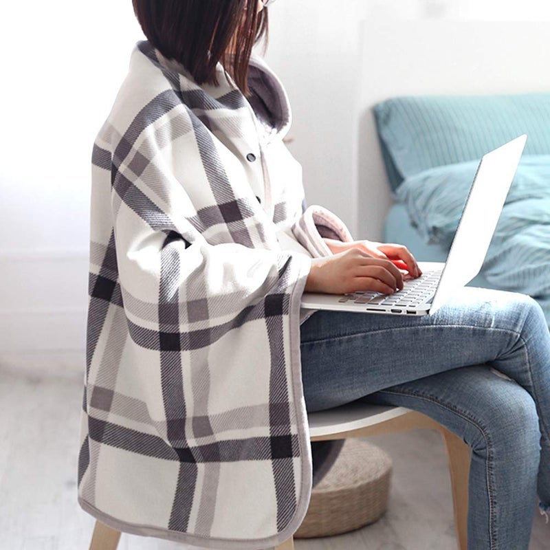 forestfish Fleece Wearable Blanket, Plaid Lap Blanket Comfy Poncho Throw with Buttons for Bed Sofa Office, Grey-White - Image 3