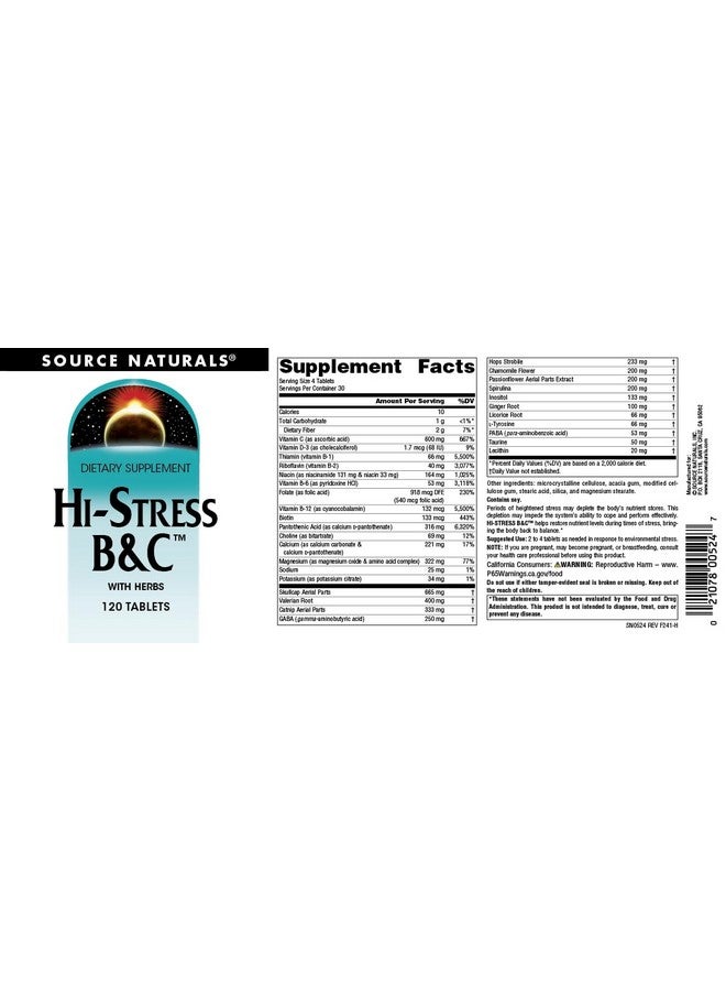 Source Naturals Hi-Stress B&C with Herbs - 120 Tablets - Image 5