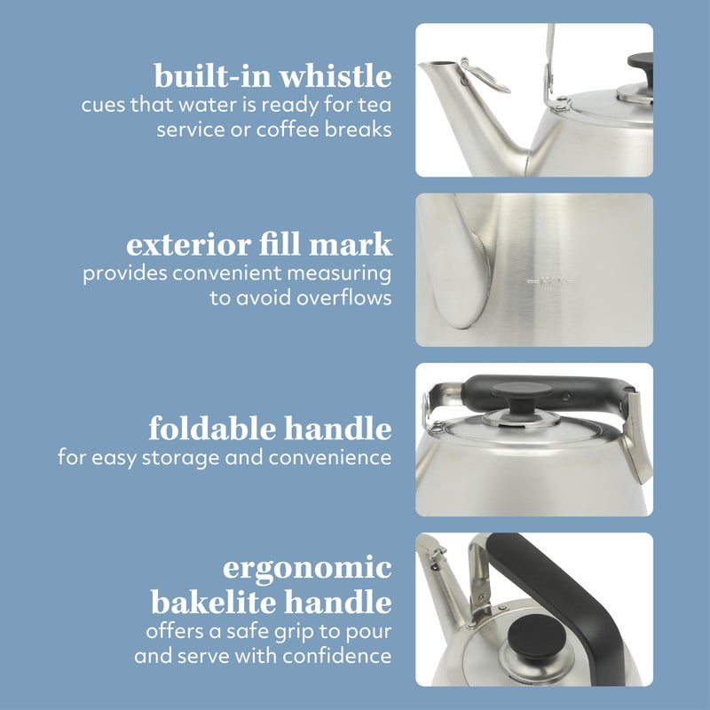 Sur La Table Kitchen Essentials 2 Qt Heavy Gauge Brushed Stainless Steel Whistling Tea Kettle â€“ Durable Stovetop Kettle - Image 4