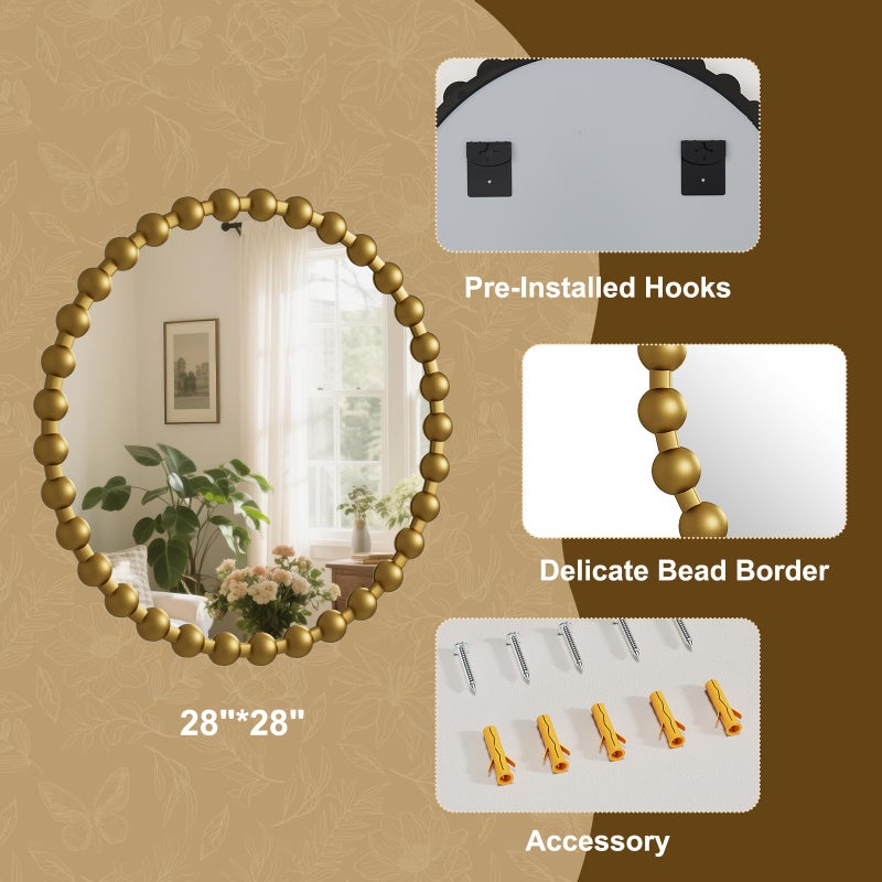 Easly Round Mirror for Wall, 28 Inch Gold Beaded Frame Decorative Vanity Mirror, Circle Bathroom Mirror with High-Definition Lense, Modern Wall Decor for Bathroom, Living Room, Bedroom, Entryway - Image 4