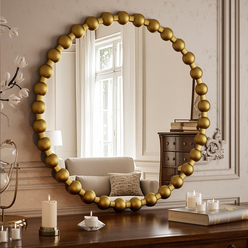 Easly Round Mirror for Wall, 28 Inch Gold Beaded Frame Decorative Vanity Mirror, Circle Bathroom Mirror with High-Definition Lense, Modern Wall Decor for Bathroom, Living Room, Bedroom, Entryway - Image 1